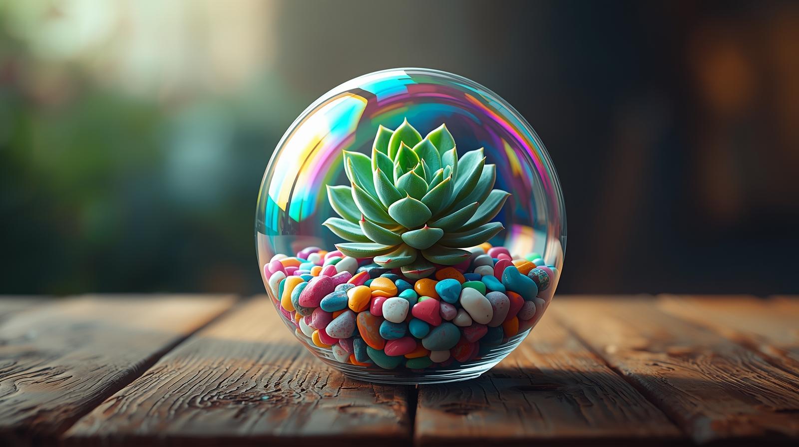 please give me a funky abstract bubble of a succulant in a glass jar with pebbles and on a table